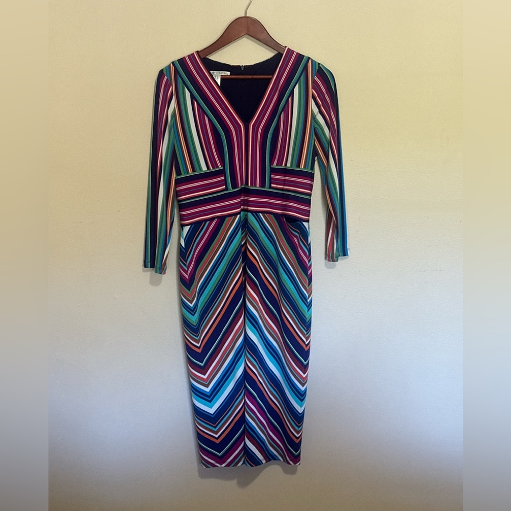 Maggy London Multicolor Striped V-Neck Midi Dress